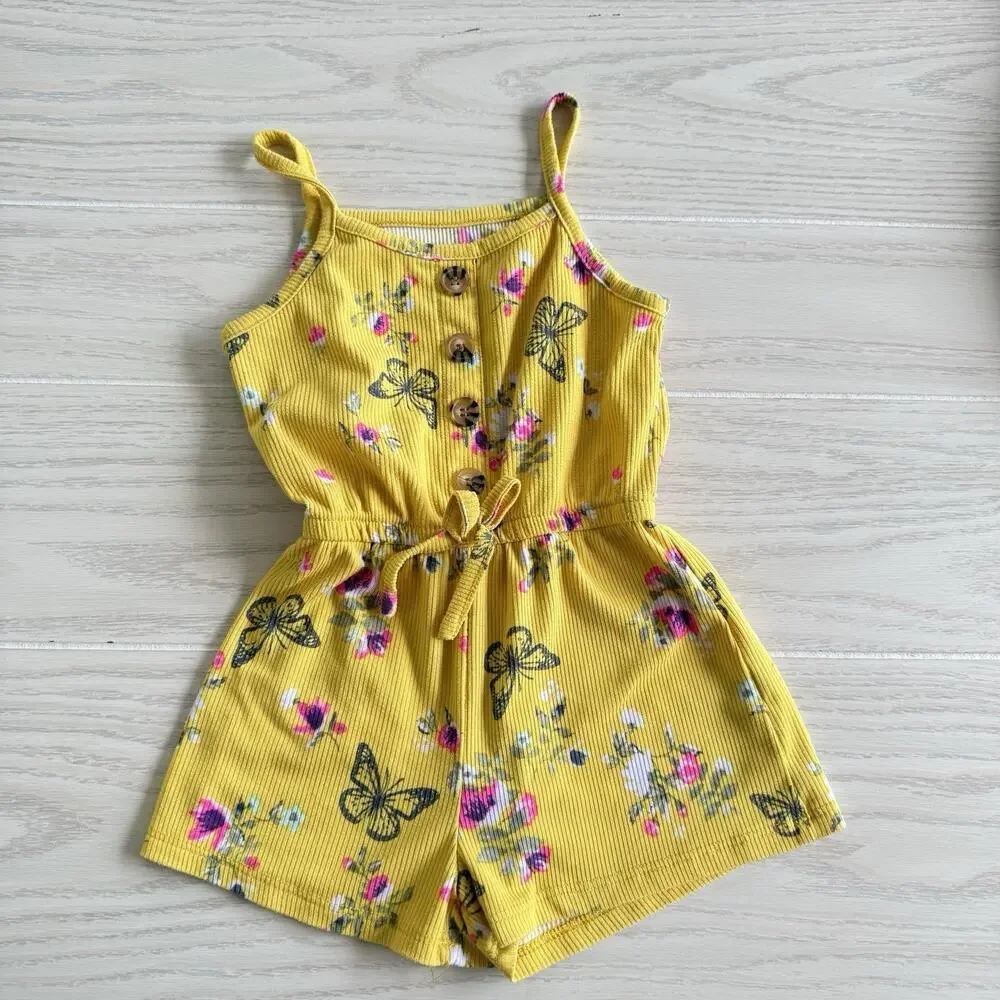 One Step Up Kid Girl Butterfly Floral Yellow Tie-Waist Romper Size 3T